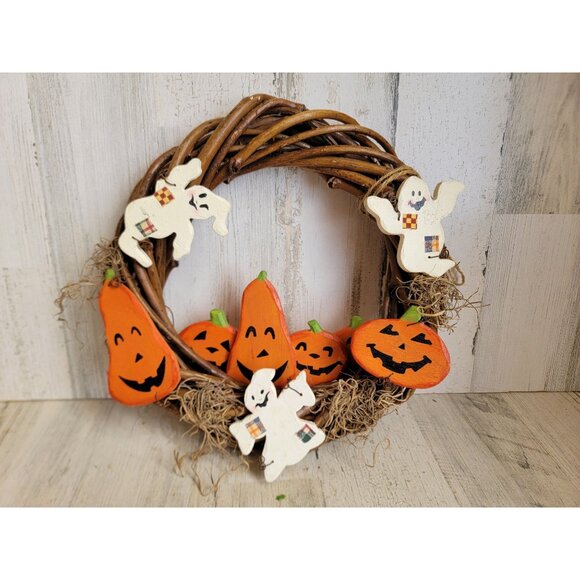 Vintage ghost wreath pumpkin Halloween hanging home decor - Picture 1 of 7